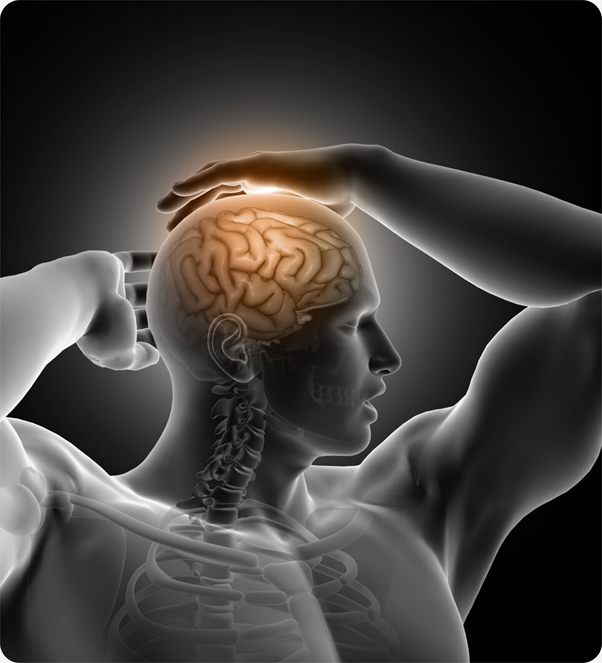 Illustration of a man holding his head with the brain and neck highlighted