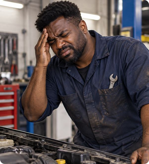 Mechanic holding his head with a headache while working on a car